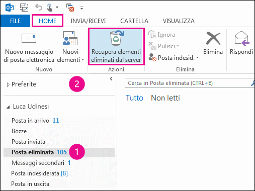 Selezionare la cartella Posta eliminata e fare clic su Recupera elementi eliminati dal server