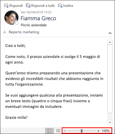 È possibile fare zoom avanti o indietro nel riquadro di lettura.