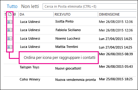 Icona Ordina per che consente di raggruppare i contatti nella cartella Posta eliminata