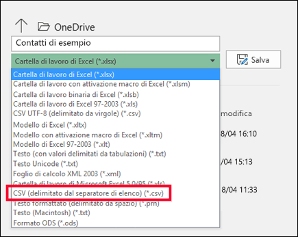 Salvare il file di Excel come file CSV.