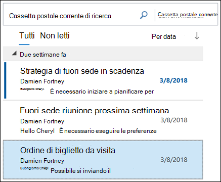 È possibile visualizzare i messaggi con l'oggetto in alto.