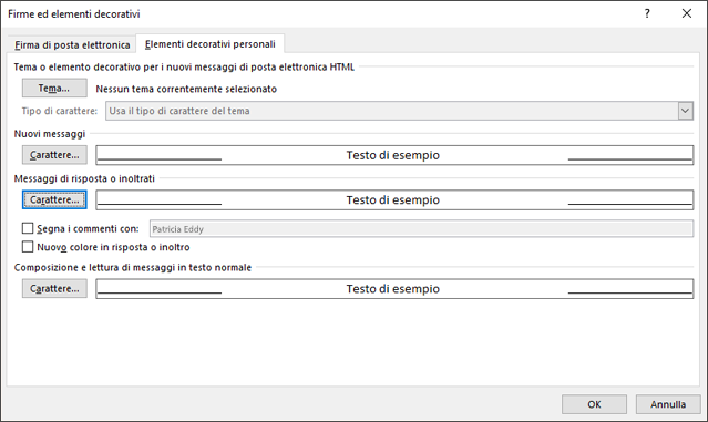 Usare le opzioni Firme ed elementi decorativi per modificare i tipi di carattere.
