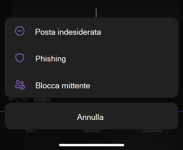 Sottomenu Posta indesiderata per Outlook Mobile