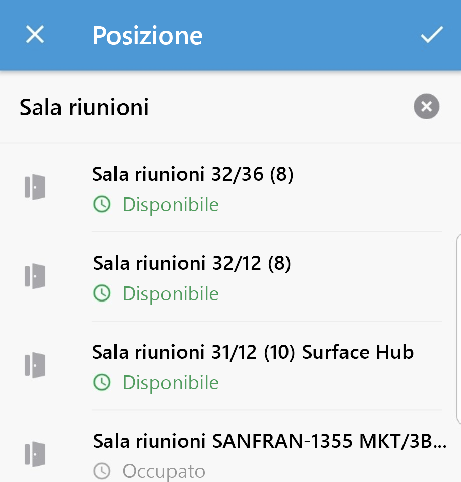 È possibile scegliere da un elenco di sale riunioni o posizioni usate di recente
