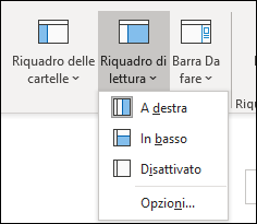 Lo screenshot mostra le opzioni di layout del Riquadro di lettura.