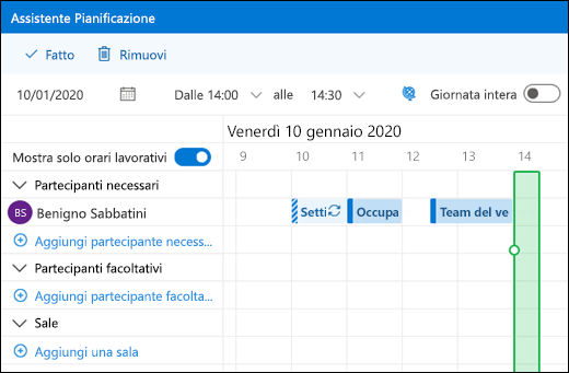 Assistente Pianificazione che mostra gli eventi del calendario combinati