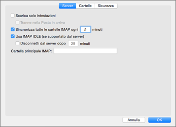 Impostazioni del server degli account IMAP in Outlook 2016 per Mac