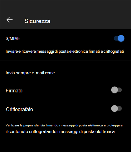 Schermata di sicurezza in Outlook Mobile, con S/MIME abilitato, e opzioni firmate e crittografate disponibili.