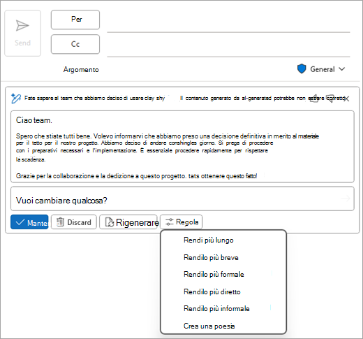 Mostra la pagina Posta classica di Outlook, con una bozza di Copilot e le opzioni Regola visualizzate.