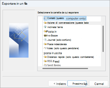 Screenshot nella versione classica di Outlook con contatti (solo questo computer) selezionato per l'esportazione