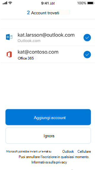 Mostra una schermata di Outlook con due indirizzi di posta elettronica elencati, uno che è un messaggio di posta elettronica di Outlook e uno che non lo è.