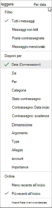 Screenshot dell'elenco a discesa Ordina messaggi