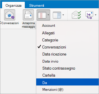 Mostra la selezione dell'opzione Da nel menu Disponi per