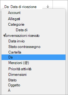 Mostra la selezione di Da nel menu Di