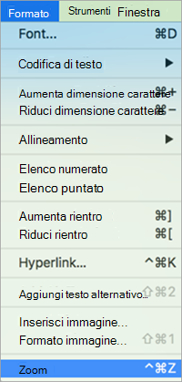 Mostra la selezione di Zoom nel menu Formato