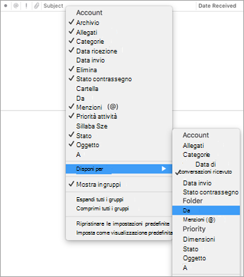 Menu Disponi per accessibile dall'intestazione del messaggio