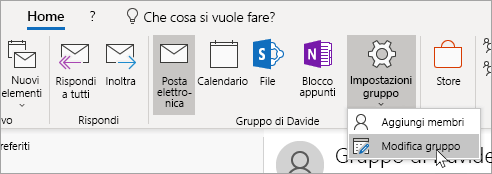 Screenshot del pulsante Impostazioni gruppo nella barra multifunzione