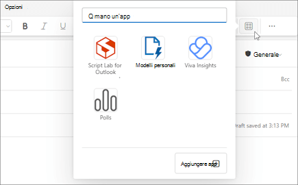 Menu a comparsa App sulla barra multifunzione di un messaggio composto in Outlook sul web e nel nuovo Outlook per Windows.