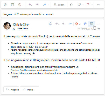 Icona App sulla barra delle azioni di un messaggio in Outlook sul web e nel nuovo Outlook per Windows.