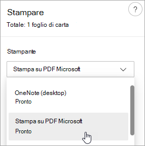Screenshot che mostra la selezione di Stampa su PDF Microsoft