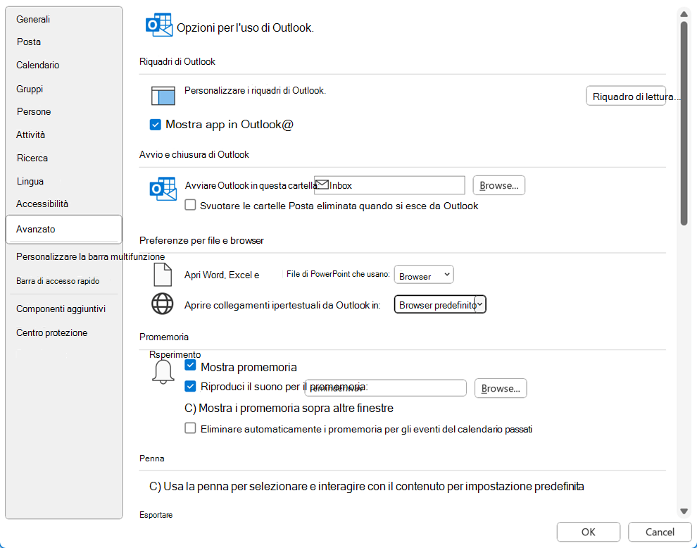 Scheda Avanzate nella finestra di dialogo Opzioni di Outlook.