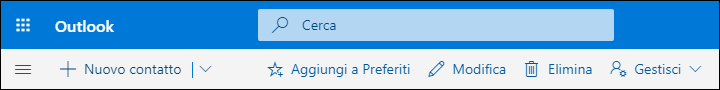 Screenshot che mostra le opzioni disponibili nella barra dei comandi Persone, tra cui Nuovo contatto, Modifica, Elimina, Aggiungi a Preferiti e Gestisci.