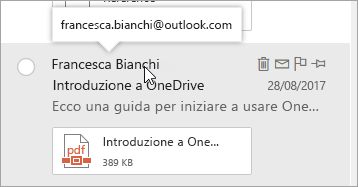 Screenshot del cursore posizionato sul nome di un mittente