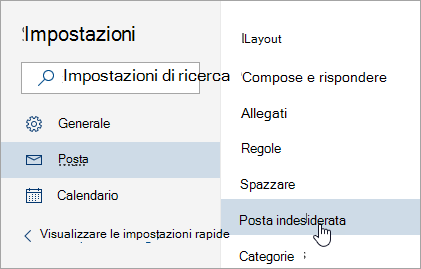 Screenshot del menu Impostazioni con Posta indesiderata selezionata
