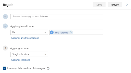 Screenshot della pagina impostazioni delle regole