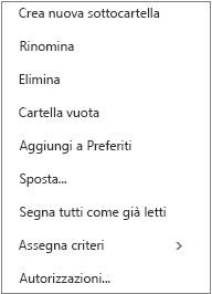 Menu contestuale o di scelta rapida visualizzato quando si fa clic con il pulsante destro del mouse su una cartella personale