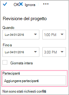 Riquadro dei dettagli che mostra la casella Partecipanti da usare con l'Assistente Pianificazione