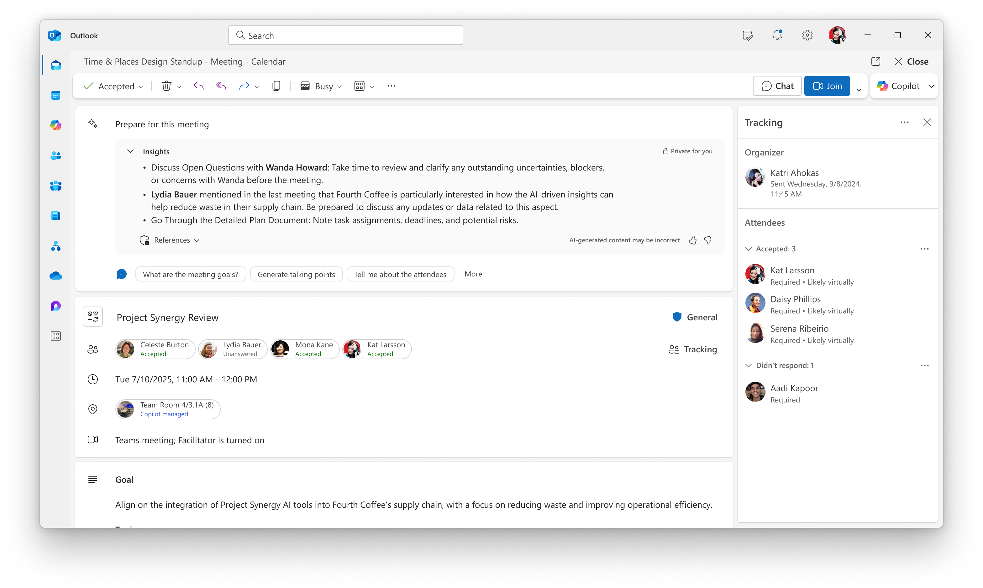 Screenshot che mostra il contenuto della preparazione nel modulo dell'evento della riunione.