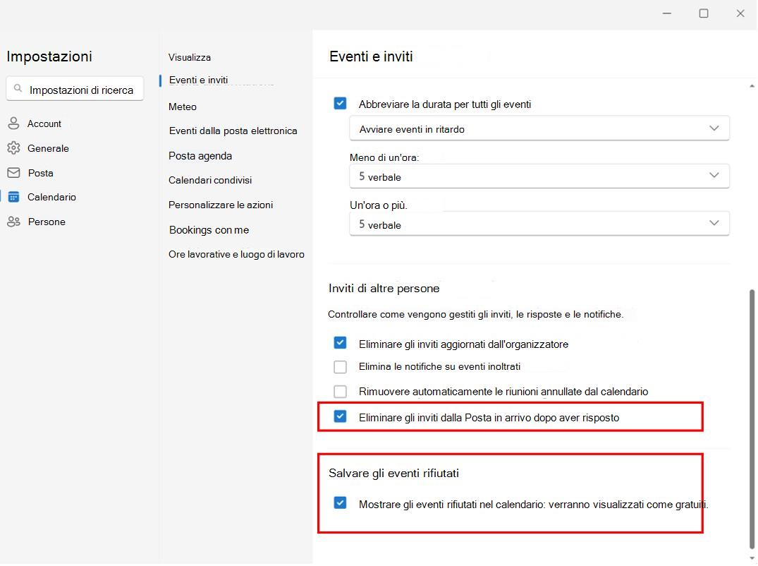 Screenshot che mostra la conservazione delle riunioni rifiutate nel calendario