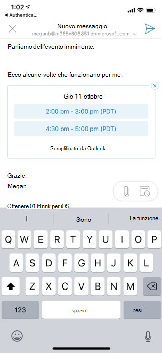 Mostra una schermata di iOS con gli orari disponibili elencati in una bozza di un messaggio di posta elettronica Nell'angolo in alto a sinistra c'è una " X" Pulsante.