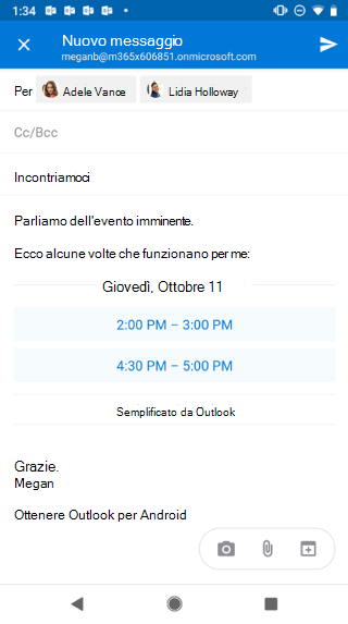 Mostra una schermata di Android con una bozza di un messaggio di posta elettronica con orari suggeriti. C'è un &quoziente; X" nell'angolo in alto a sinistra.
