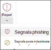 Screenshot del pulsante Report con l'opzione Segnala phishing selezionata nella barra multifunzione classica di Outlook sul web.