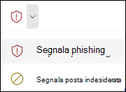 Screenshot del pulsante Report con l'opzione Segnala phishing selezionata nella barra multifunzione semplificata di Outlook sul web.