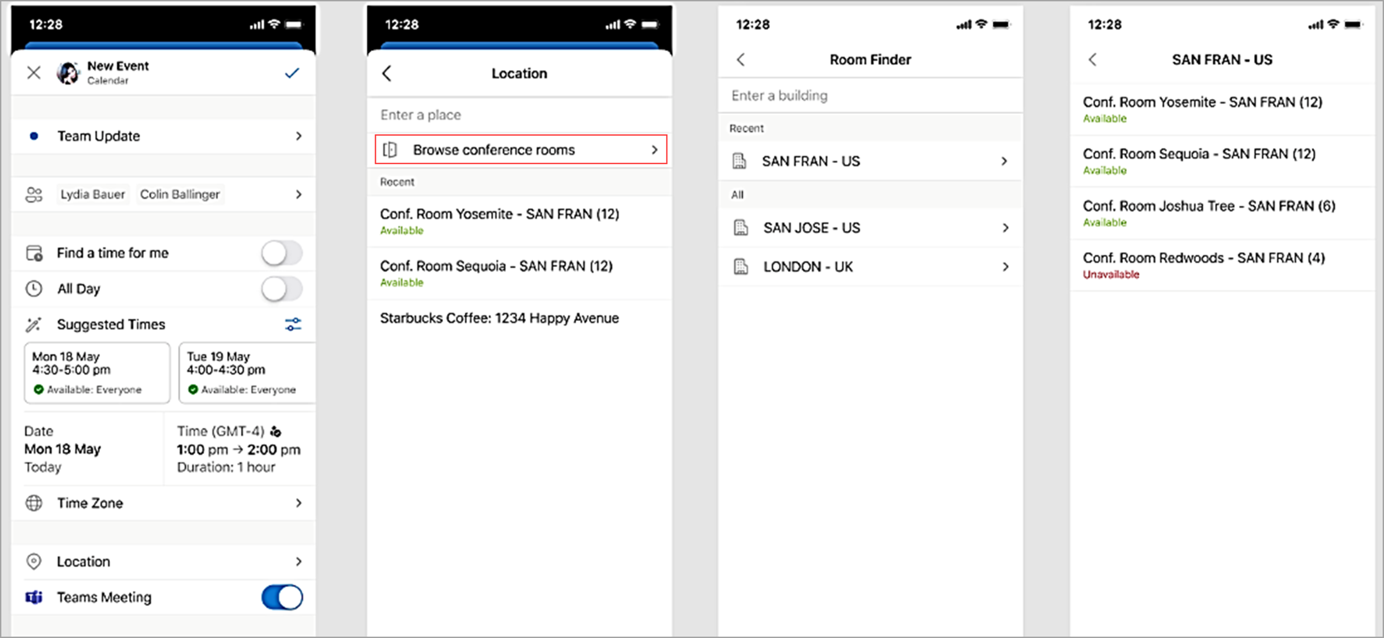 Immagine dell'app per dispositivi mobili con le sale riunionibrowse evidenziate.
