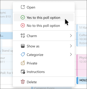 Menu di scelta rapida in un sondaggio di pianificazione con opzioni di voto