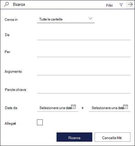 Casella di ricerca in Outlook sul web con i filtri disponibili