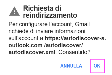 Se viene visualizzata una richiesta di reindirizzamento, scegliere OK.