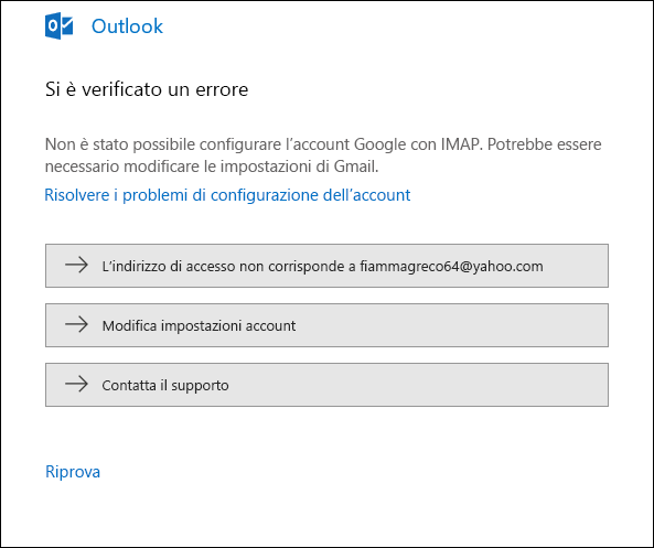 Si è verificato un problema nell'aggiunta di un account di posta elettronica a Outlook.