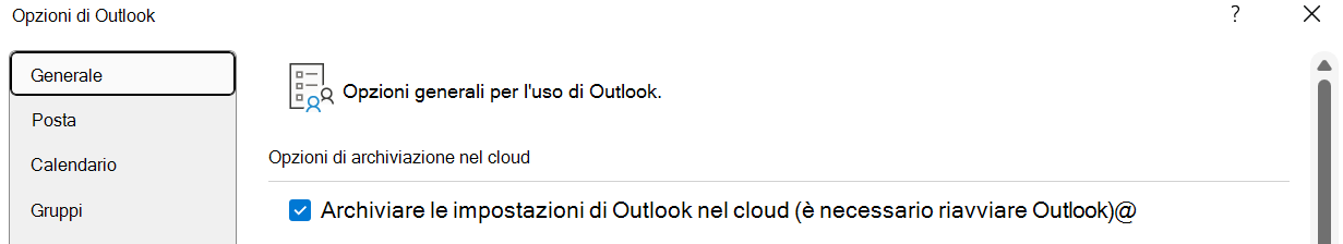 Archiviare le impostazioni di Outlook nel cloud (è necessario riavviare Outlook) dovrebbe essere abilitato se l'utente vuole importare le impostazioni nel nuovo Outlook per Windows