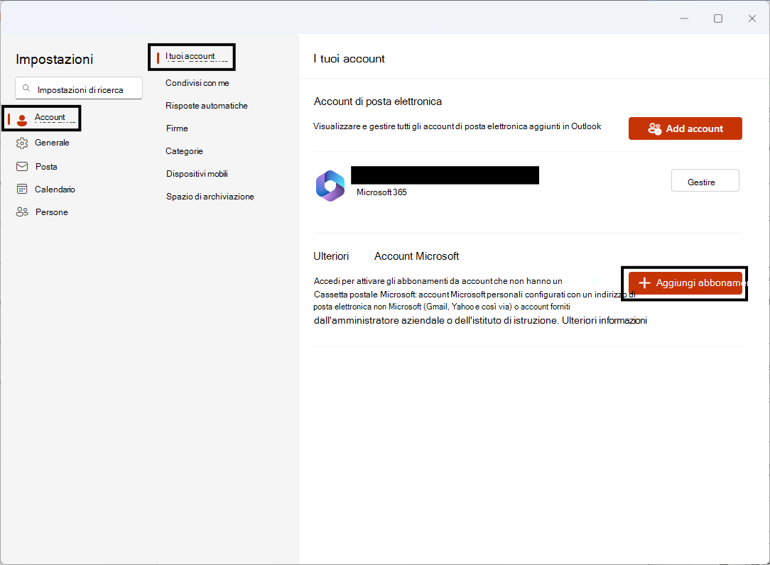 Aggiungere altri account Microsoft nella pagina Impostazioni account > account