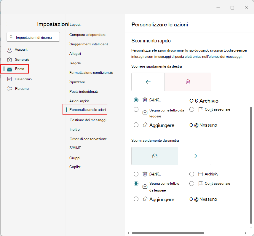Personalizzare le azioni di scorrimento rapido