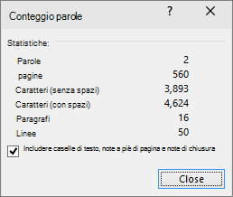 Mostra il conteggio delle parole e il numero di pagine in un documento.