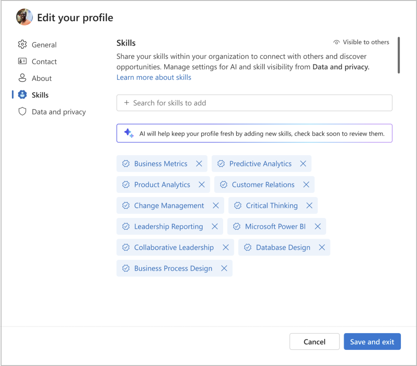 Screenshot dell'editor del profilo, con una barra di ricerca per cercare le competenze. Esiste anche un elenco di abilità confermate con l'opzione per eliminarle.