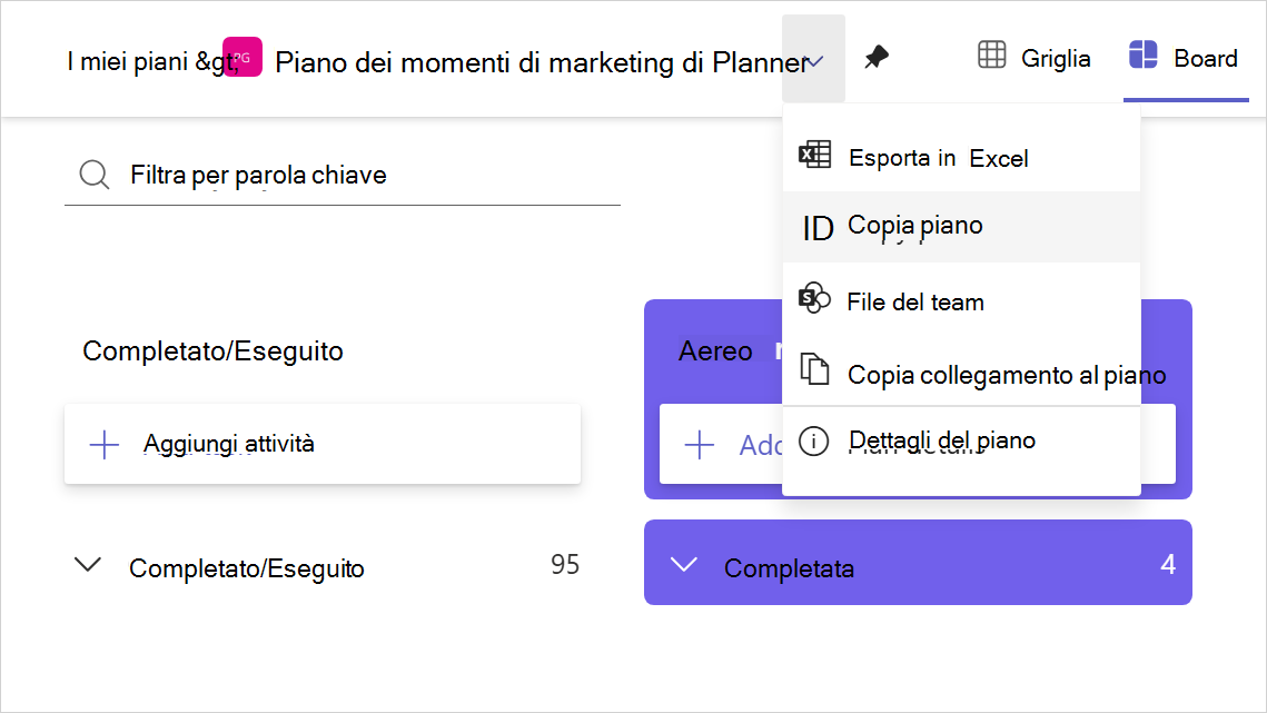 Screenshot ritagliato del menu a discesa accanto al nome di un piano che mostra l'opzione per copiare un piano in Planner.
