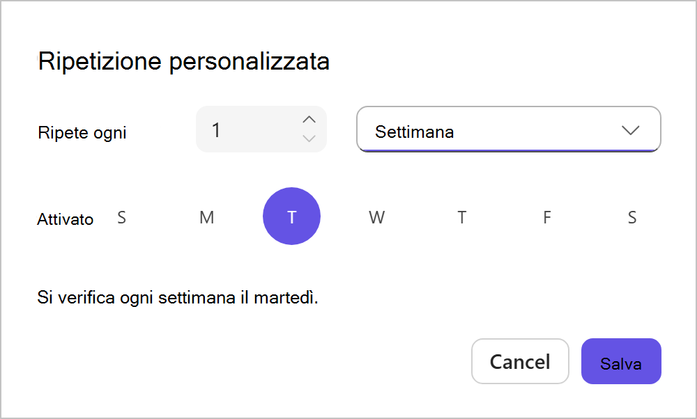 Opzioni di ripetizione personalizzate per un periodo di settimane