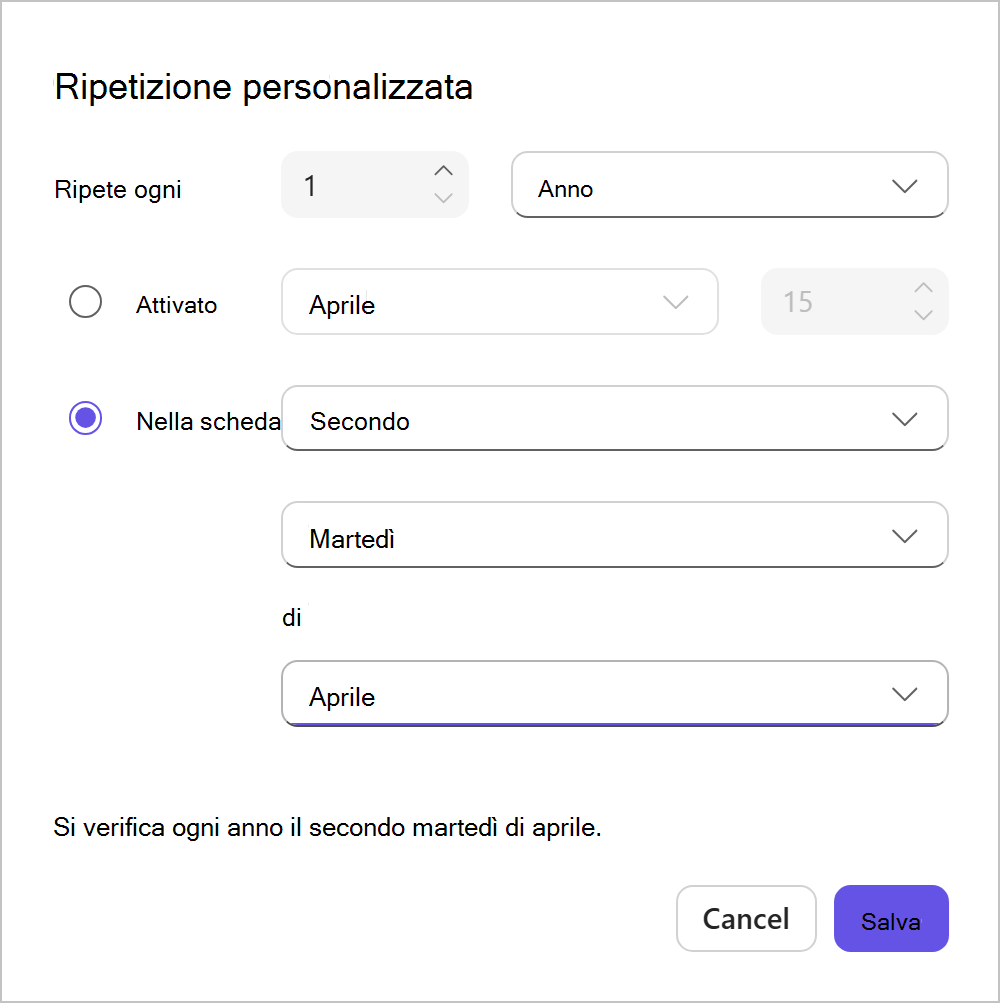 Opzioni di ripetizione personalizzate per un periodo di anni